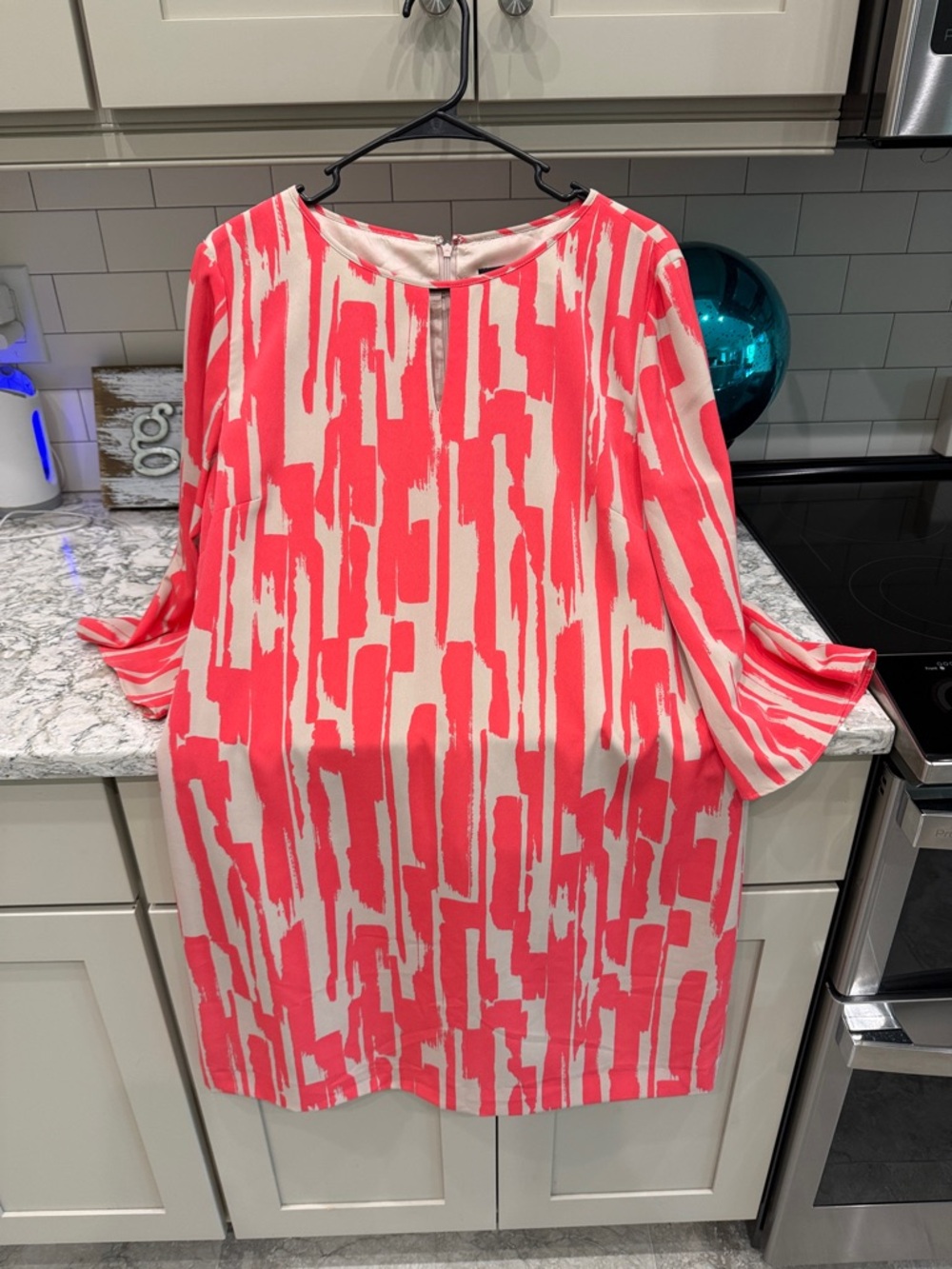 Tahari Cream and Coral Brushstroke Midi Dress